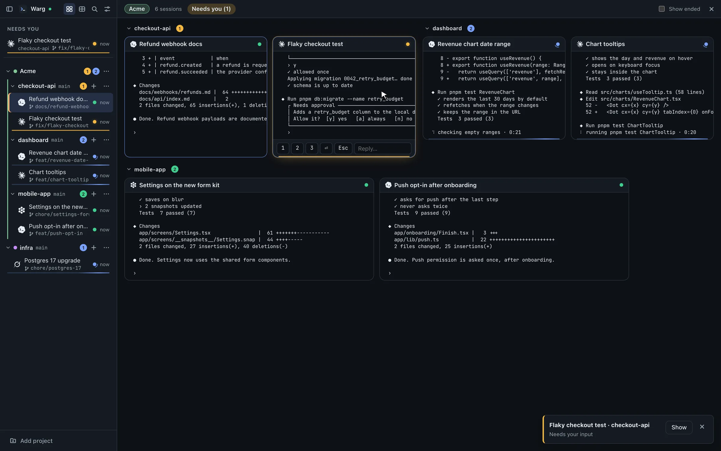 The Acme board: six sessions across checkout-api, dashboard and mobile-app as tiles showing each agent's latest output. The Flaky checkout test tile asks to approve a database migration and shows 1, 2, 3, Enter and Esc keys and a reply box.