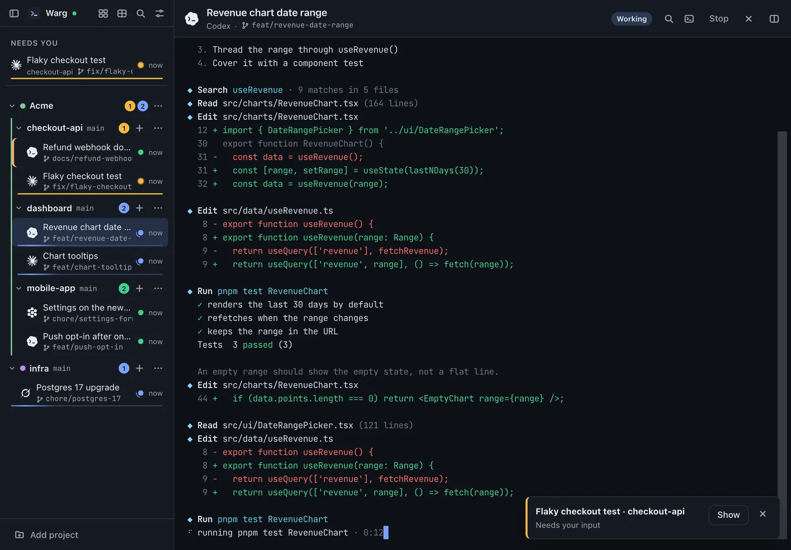 The Warg sidebar with a Needs you list at the top holding the Flaky checkout test session, and an in-app notification that it needs your input.