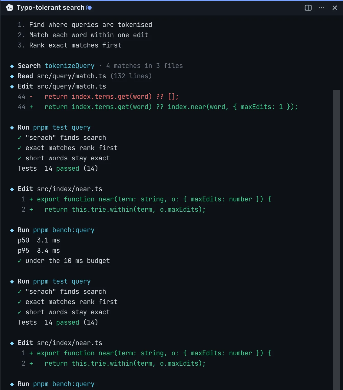 Codex's pane, Typo-tolerant search: it matches each query word within one edit and keeps queries under 10 ms.
