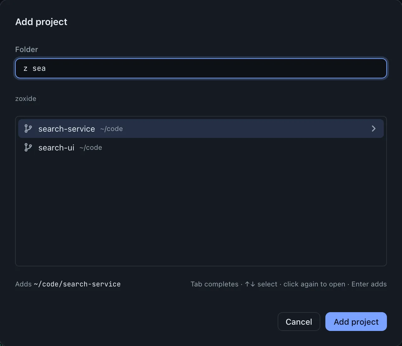 The Add project dialog with z sea typed, listing search-service and search-ui from zoxide.