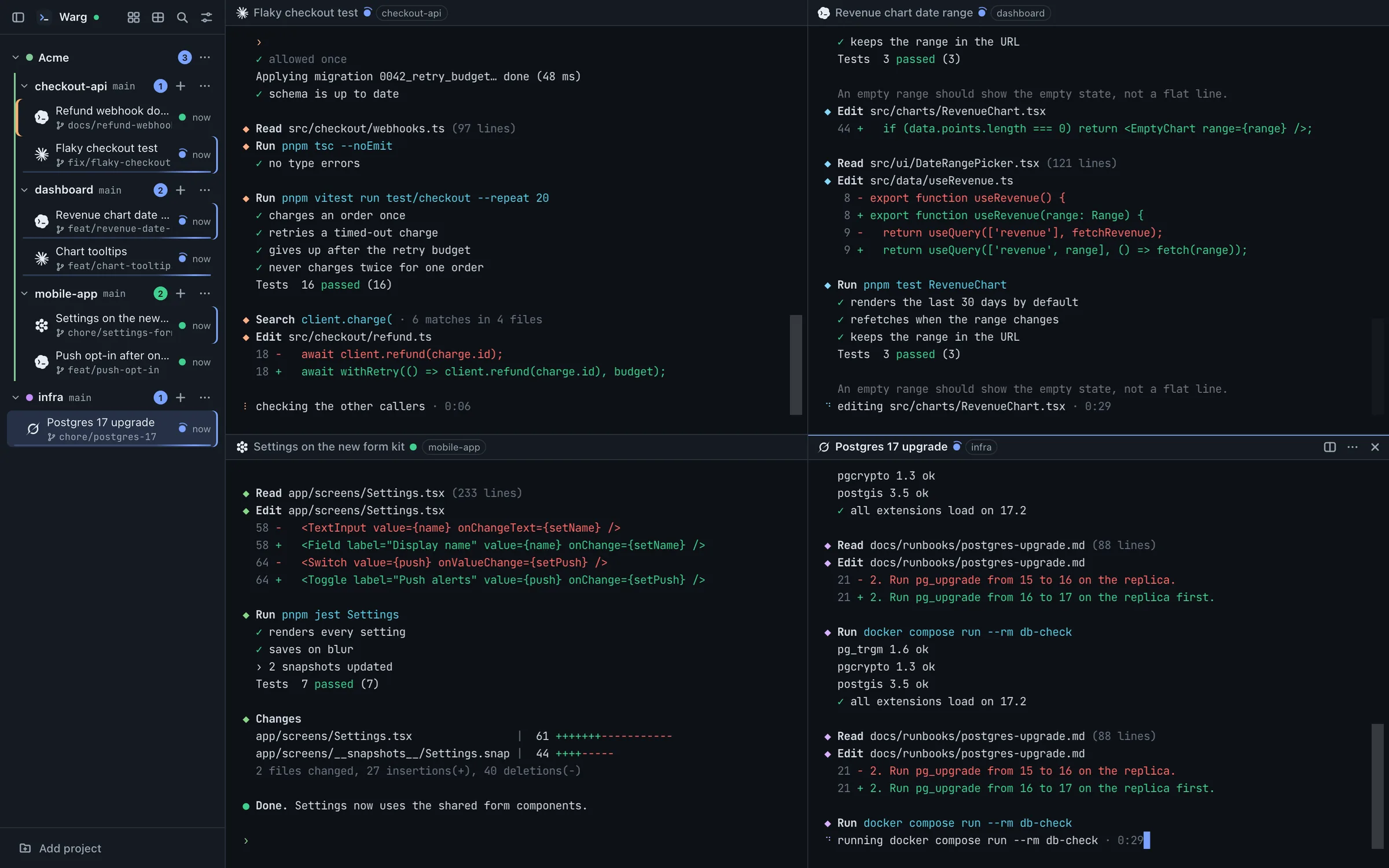 Warg in split view: four panes in a two-by-two grid, with Claude in checkout-api, Codex in dashboard, Devin in mobile-app and Grok in infra.