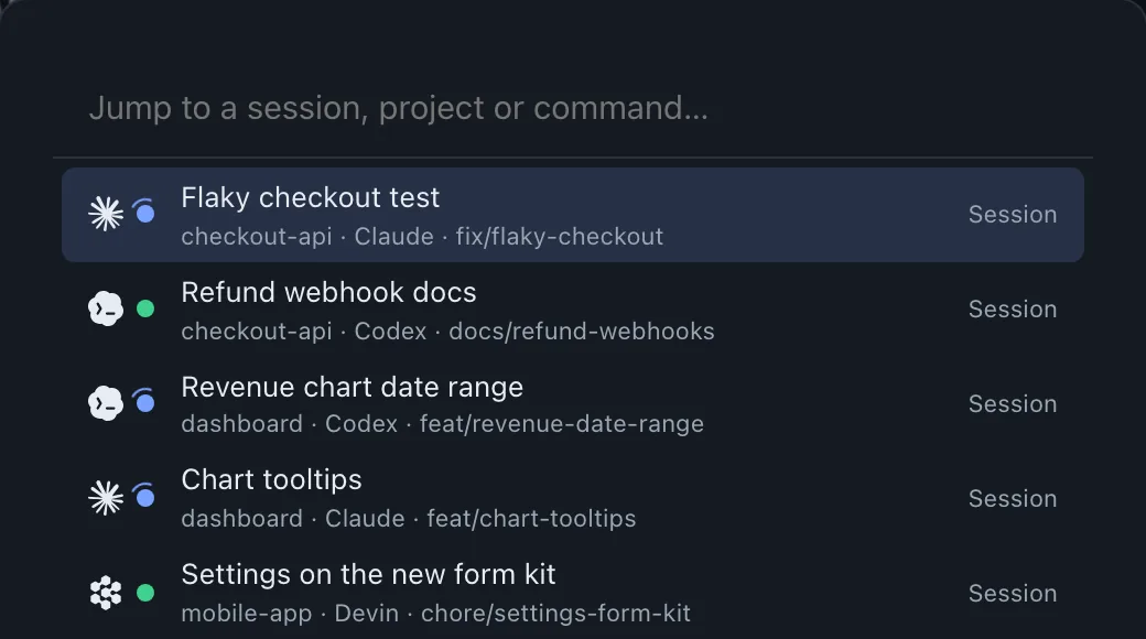 The quick switcher, listing sessions with their project, agent and branch.
