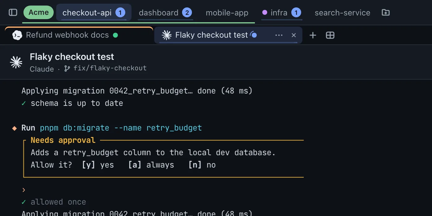 Warg in the tabs layout: a green Acme group holding checkout-api, dashboard and mobile-app, a purple infra tab, and session tabs for Refund webhook docs, colored orange, and Flaky checkout test, which shows Claude working.